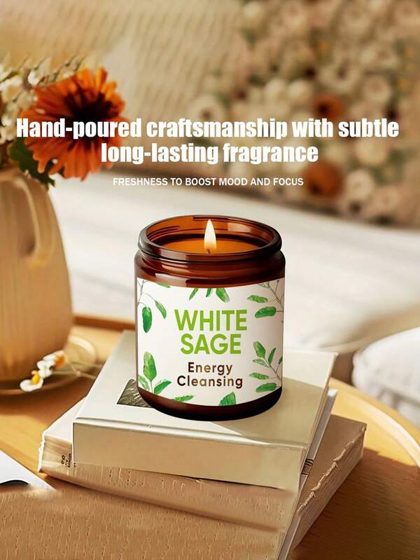 FAMILY SHIP 1 Stück Salbei duftende Kerze, 100g/3,52oz, mit frischem grünem Blattmuster, in einer hochwertigen teefarbenenen zylindrischen Glas-Verpackung. Lang brennende und großvolumige duftende Kerze, geeignet für den Heimgebrauch, als Geschenk, für Feste, Hochzeiten und zum Verschenken an Eltern und Freunde. Ideal für Heimdekoration und Haushaltswaren.