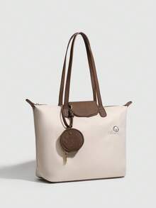 大容量粉色校园托特包，时尚简约百搭通勤包，适合大学生休闲出游单肩包 - 卡其色 - 查看 3