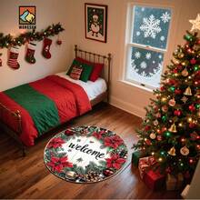 1 pièce Tapis de bain antidérapant rouge pointe de Noël, en matériau de flanelle, tapis de sol rond, décoration moelleuse, convient pour les salles de bains, les portes, les cuisines, les salons et autres occasions, lavable en machine, antidérapant, décoration de Noël, peut être offert en cadeau