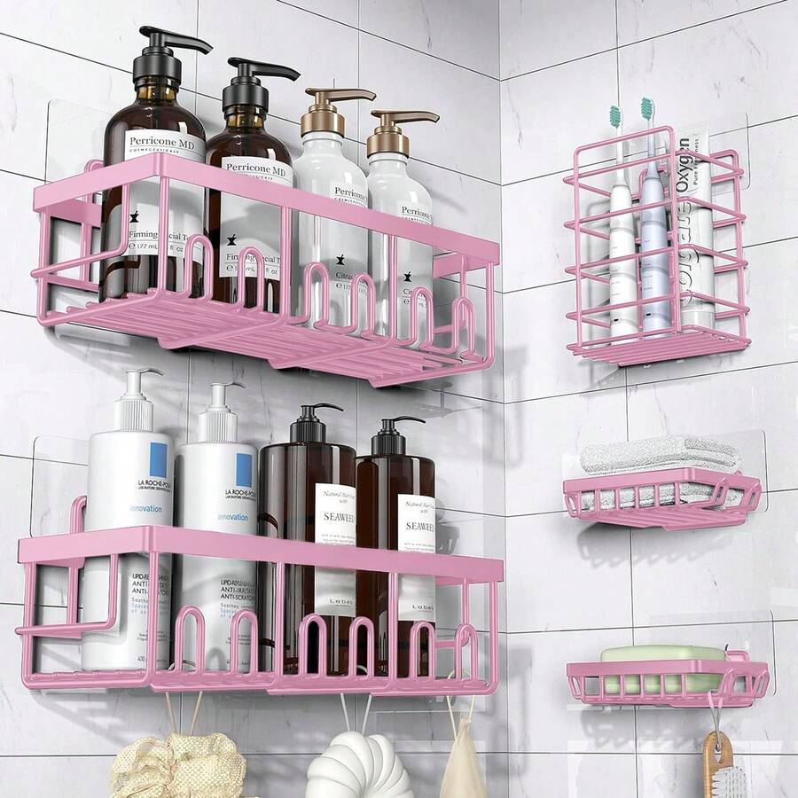 Adhesive Shower Caddy, 5 Pack Rustproof Stainless Steel Bath Organizers With Large Capacity, No Drilling Shelves For Bathroom Storage & Home Decor - Hồng - Xem 1