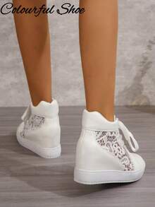 Tênis Casual com Cadarço Branco, Bico Redondo, Tecido de Tela e Salto Embutido, Tênis Feminino Confortável para Primavera e Outono - Branco - Visão 3