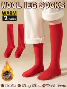 2 Pairs Women's Thermal Lined Thick Calf Socks, Warm Solid Color Knee High Socks, Collegiate Style, Versatile For Autumn/Winter, Suitable For Home, Commute, Office, Cozy Socks