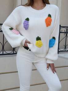 NZZOF Women's Autumn/Winter Lantern Sleeve Embroidered Textured Crew Neck Sweater - White - View 4