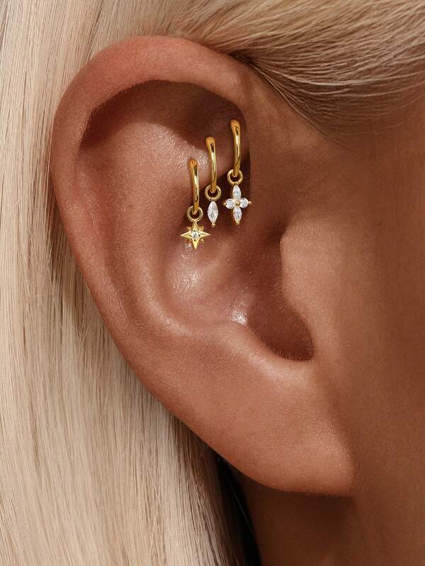 1 Stück 925 Sterling Silber Stern/Blumen/Wassertropfen Hänge-Ohrringe für Frauen, zierliche CZ Tropfen Creolen Ohrringe, hypoallergen für empfindliche Ohren, perfekt für den täglichen Gebrauch