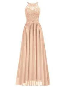 MIUSOL Elegant Women's Sequin Floral Lace Halter Neck Sleeveless Ruched Chiffon Maxi Dress, Perfect For Formal Wedding Guest, Cocktail Party, Bridesmaid, Prom - 香檳色 - 查看 7