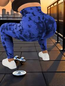 女士运动休闲高腰染色束腰纽扣口袋紧身裤，健身跑步裤，新款春夏弹力紧身瑜伽紧身裤