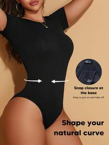 女士纯色短袖紧身连衣裤 - 黑色 - 查看 4