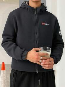 Men's Letter Print Zip-Up Hooded Warm Jacket