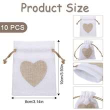 10 件心形印花束带亚麻礼品袋，迷你珠宝袋，适用于婚礼、伴娘礼物、派对、生日、万圣节、感恩节、圣诞节 - 白色 - 查看 3