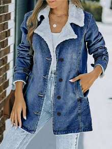 女士保暖内衬长袖牛仔夹克，中长款羔羊绒保暖牛仔外套 - 中等水洗藍 - 查看 2