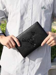 1 件黑色鹰/鹿头图案 PU 皮革手拿包，时尚简约商务风格男士腕包，拉链开合带腕带，可容纳手机、现金、卡，防水防刮，轻巧便携，适合工作、会议、用餐，是送给男士、丈夫、老板、同事的绝佳礼物