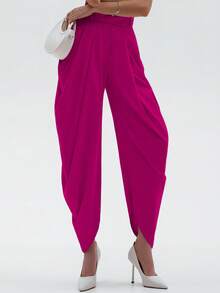 UREREM 褶皱纯色休闲裤，时尚简约，适合居家户外穿着，女士，春夏，120克高密度哑光梭织面料，小众设计，修身效果，优质 - 玫紅色 - 查看 1