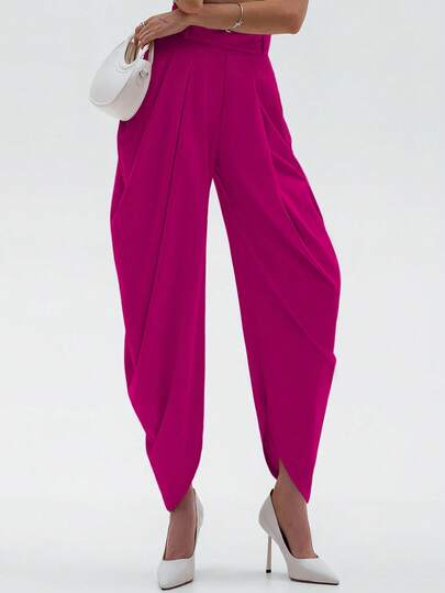 Pleated Solid Color Casual Pants, Fashionable & Minimalist, Suitable For Home & Outdoor Wear, Women, Spring/Summer, Woven High-Density Matte Fabric 120G, Niche Design, Slimming Effect, Premium Quality