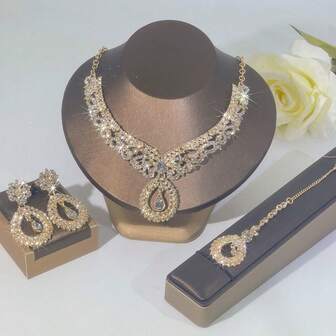 一套女士首饰套装 - 项链、耳环、头饰 4 件套，波西米亚风格，镶嵌水钻，时尚奢华优雅，适合新娘、婚礼、宴会、正式场合佩戴
