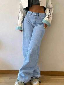 Girl's Casual High Waist Straight Leg Versatile Jeans, Suitable For Outings