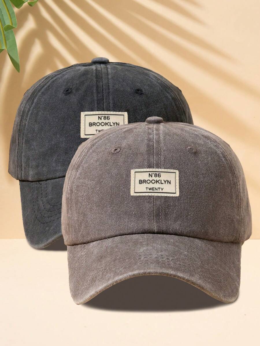 1pc Unisex Light Gray Fabric Strap Adjustable Washed Baseball Cap, Outdoor Fashion - Black+Brown - View 1