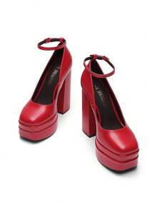 Women's High Chunky Platform Square Toe Heels Pumps Closed Toe Block Ankle Strap Solid Color Dress Fashion Party Y2K Shoes For Fall And WInter - 紅色/PU - 查看 2
