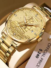 （无需电池）自动机械表，全金豪华男士腕表系列“一帆风顺”，适合作为礼物送给家人、伴侣或朋友 - 金色 - 查看 7