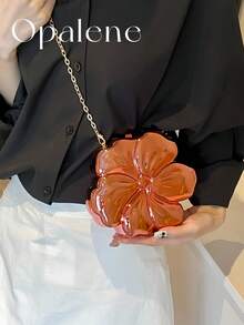 Women's Elegant Mini Flower Shaped Chain Crossbody Bag, Metallic Y2K Style Theme Party Shoulder Bag, Fashionable Novelty Shaped Bags, Versatile Small Mobile Phone Key Coin Purse, Portable Outdoor Travel Vacation Cosmetic Bags, Wear-Resistant Solid-Color Clutch Bag - 紅色 - 查看 2