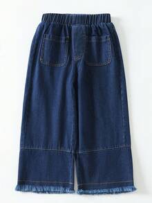 Timzgo 女童休闲牛仔裤,松紧腰带口袋,直筒宽松裤,百搭磨边阔腿裤,适合女孩外出和日常穿着 - 深色水洗藍 - 查看 3