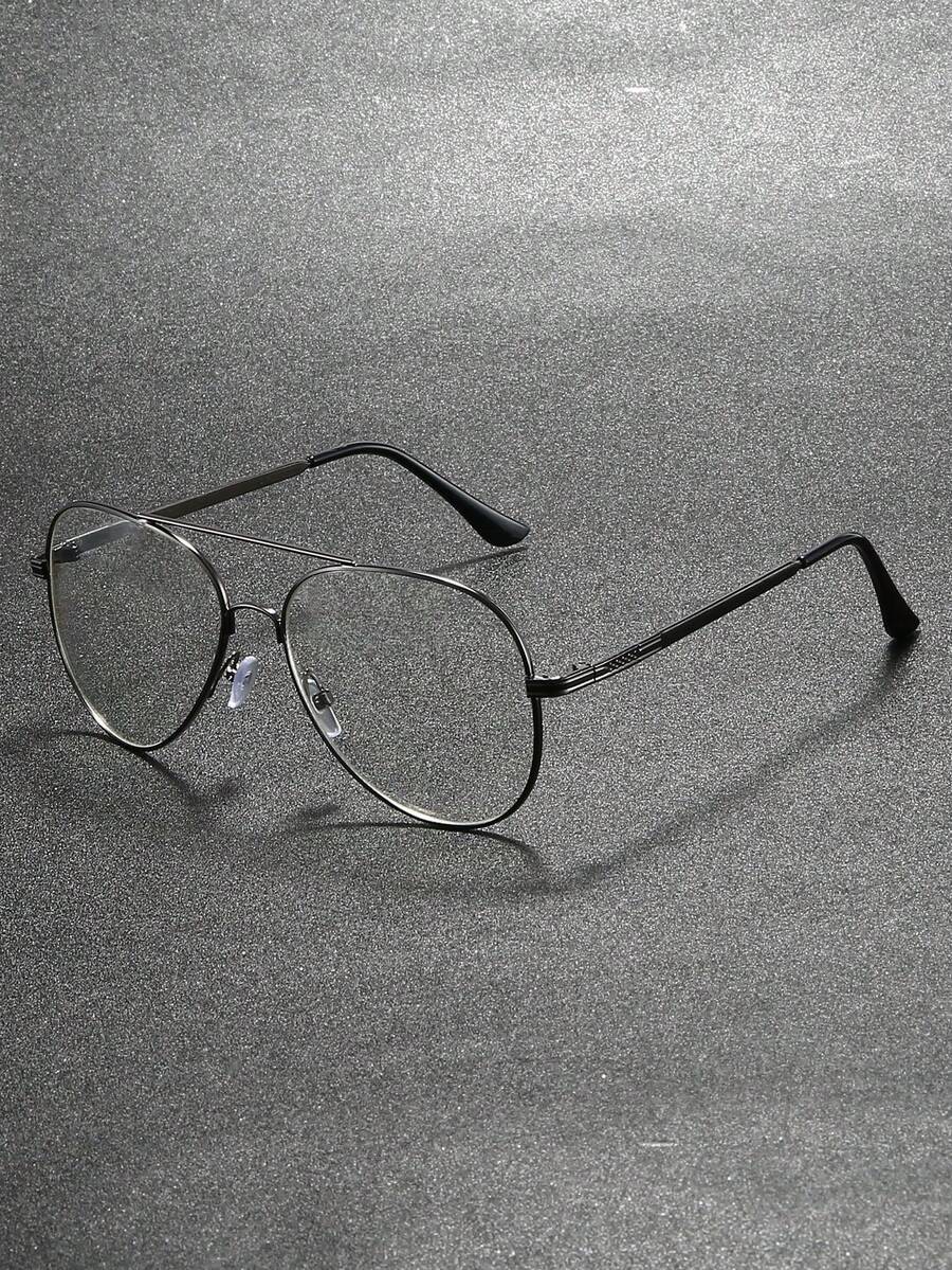 1pc Unisex Pilot Metal Frame Clear Lens Glasses, Suitable For Daily, School Reading, Eye Protection, Fashion Accessory, Match With Sweaters, Jackets, Sportswear - Black - View 1