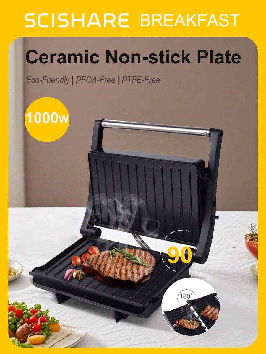 SCISHARE 1 件 27.7x22.3x9.3cm 三合一帕尼尼机、三明治机、电烤架、1000W、180° 可打开 23x14.5cm 烤盘、双面烹饪、均匀加热、不粘涂层、冷触手柄、易于存放、黑色 - 早餐和家庭烧烤的理想选择 - 查看 1