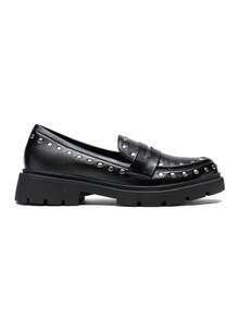 calcena Women's Studded Chunky Platform Loafers with Rivet Embellishments, Lug Sole and Round Toe, Punk Rock Inspired Slip-On Shoes for an Edgy Preppy Look - 黑色 - 查看 2