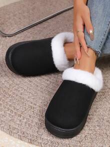 Chinelos de Pelúcia Femininos de Estilo Minimalista de Luxo para Outono/Inverno, Cor Sólida, Forro de Pele, Slip-On, Bico Fechado, Sola Grossa, Leves, Confortáveis, Quentes, Sapatos Internos Adequados para Uso Externo - Preto - Visão 6