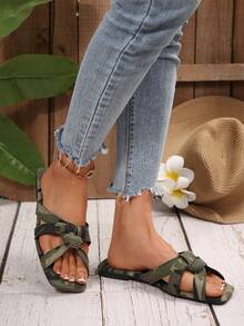 Women's Flat Square Toe Criss-Cross Strap Sandals, Camouflage Solid Color Fashion Elegant Fabric Bowknot Slippers For Indoor And Outdoor, Spring/Summer - Camouflage - View 3