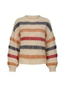 2025秋冬新款女士休闲复古撞色宽松喇叭袖针织毛衣基础款上衣，适合返校、圣诞节、约会等场合，韩版风格，秋季百搭，适合派对、Y2K风格、外出、音乐会、约会等场合，休闲百搭，适合新年、冬季、沙特国庆节等场合，时尚乡村风。 - 卡其色 - 查看 4