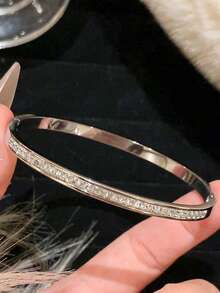 3 Sets Waterproof Luxury Multicolor Cubic Zirconia Bangle, Stainless Steel Open Cuff Bracelet, 18K Gold Plated Fashion Jewelry, Women Jewelry, Gold Jewelry, Women Bracelet Accessories, Women Stainless Steel Jewelry Bracelet - Silver - View 14