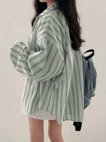 初秋时尚女士条纹长袖衬衫 - 藍色 - 查看 5