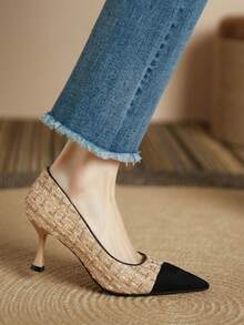 Xin Jing Shoes 女士时尚撞色中跟鞋，百搭套脚鞋，优雅 - 黑色 - 查看 3