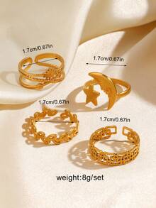 Bộ 4 nhẫn hở thời trang hình ngôi sao và mặt trời mạ vàng 18K bằng thép không gỉ, phù hợp để đeo hàng ngày cho phụ nữ - Vàng - Xem 8