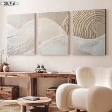 Modern Abstract Art Canvas Prints • 3pcs Handmade Wood Frame Wall Decor • 2D Flat Neutral Beige & White Textured Plaster Effect • Vertical Indoor/Outdoor Wall Art For Living Room, Bedroom, Office • Spring/Summer Home Decoration - 黑色 - 查看 4