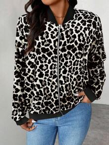 Keke Bloomly New Fashionable Lightweight Comfortable Regular Cardigan Jacket For Plus Size Women, Thin Long Sleeve Zip-Up Casual Leopard Print Baseball Jacket, - Grey - View 6