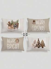 4pcs Christmas Merry Christmas Pillow Covers, Christmas Decorative Cushion Covers, Christmas Tree, Christmas Sled, Red Plaid, Black Plaid, Christmas Gifts, Machine Washable & Dry Clean, Invisible Zipper, Suitable For Room Decor, Sofa Decor, No Pillow Insert - Brown - View 15