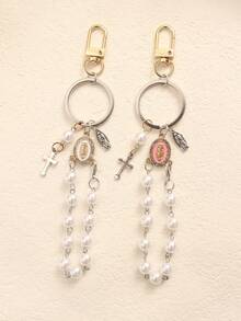 1 pezzo Portachiavi con ciondolo a croce con perle e strass della Vergine Maria, adatto per decorare borse o come regalo per insegnanti, famiglia e amici durante la stagione del ritorno a scuola, accessori per auto, stile gotico carino Y2K