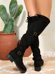 Women's Fashion Casual Comfortable Chunky Heel Side Zipper Knee-High Riding Boots, Pointed Toe - Black - View 6