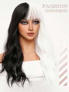 clouder Gothic Punk Black And White Water Wave Curly Wig 26 Inch Long Wavy Wig With Bangs Halloween Christmas Wig Street Punk Wig Women's Synthetic Heat Resistant Fiber Wig Suitable For Daily Cosplay Party Music Festival Y2K Wig Avant-Garde Preppy Wig Modern Fashion Punk Wig - Black and White - View 7