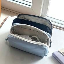 Ins-Style Canvas Pencil Case, Multi-Layered Stationery Organizer With Transparent Compartments, Durable Zipper Closure - Ideal For Students, Available In Black And Blue, Pencil Pouch