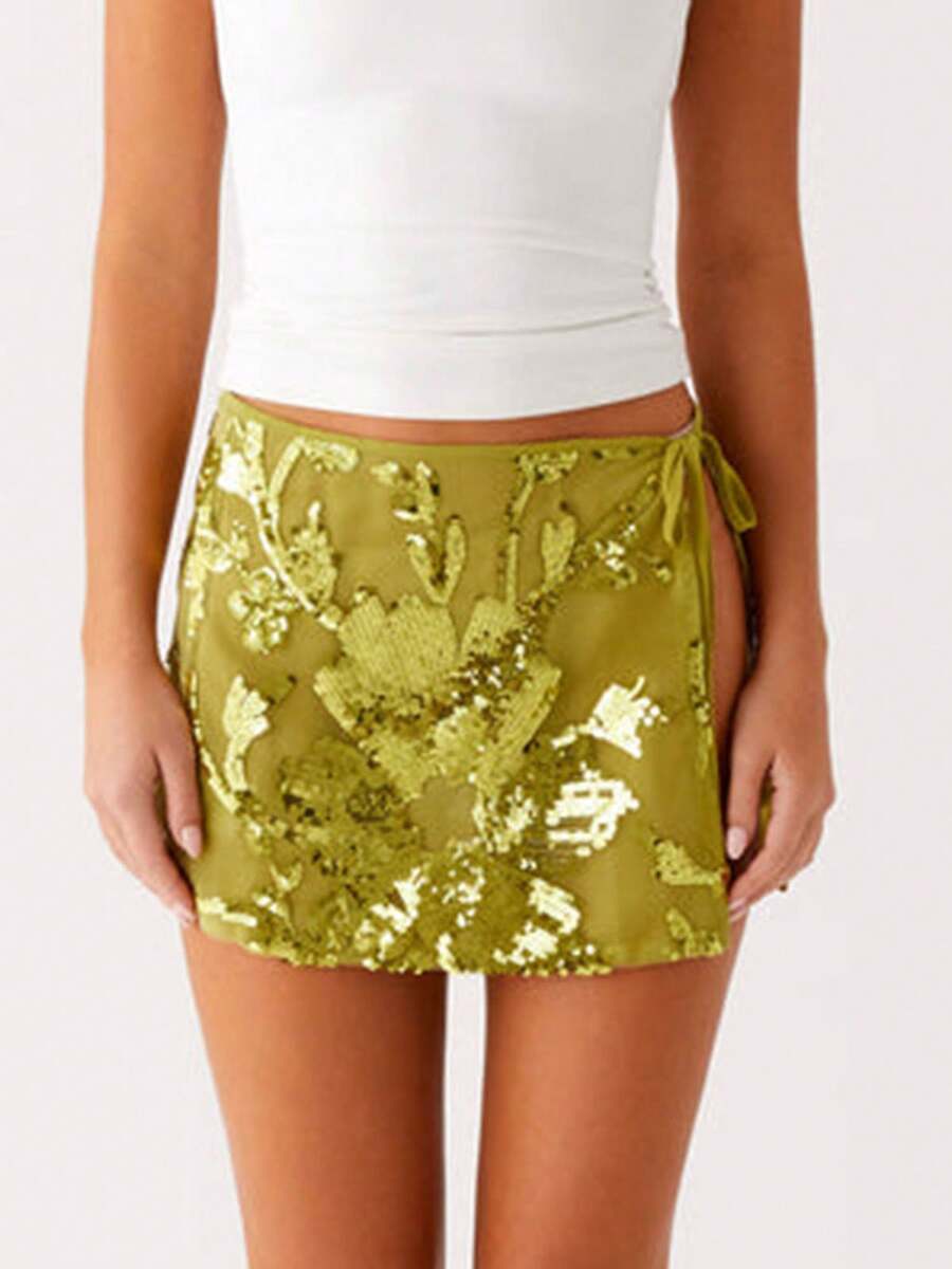 Women Sequin Skirts Low Rise Side Tie-Up Split Sparkly Mini Skirt  Summer Streetwear - Green - View 1