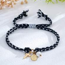 1PC Bohemian Cross Half Stone Bronze Adjustable Rope Bracelet For Women & Couples - Stackable, Gift For Her, Christian Jewelry