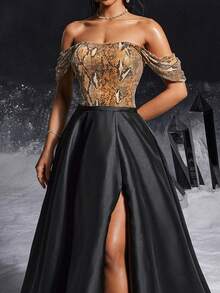 VIPGIRL Váy dạ hội trễ vai họa tiết da rắn có thân áo đính đá và xẻ tà cao, dự tiệc sang trọng, váy dạ hội cho nữ, váy dạ hội trang trọng - màu đen - Xem 5