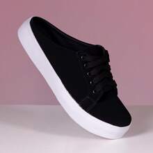 Women's Mule Sneakers With Laces - Back Opening (Heel) Easy To Put On - Comfortable, Light And Stylish - Black - View 1