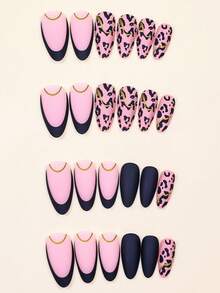 Upgrade Your Look With 24pcs Long Almond Black French Matte Leopard Golden Line Fake Nail & 1pc Nail File & 1sheet Tape Press On Nails Nail Supplies - Multicolor - View 4