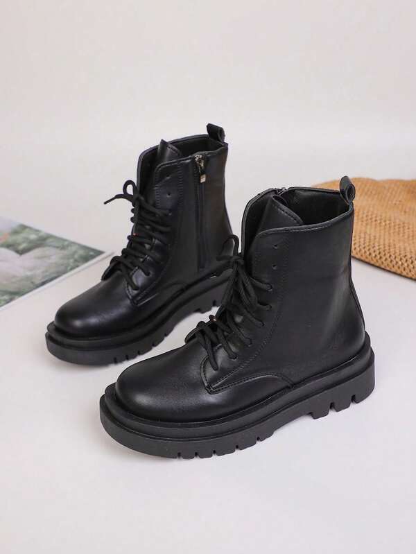 Women's Comfortable Round Toe Lace-Up Mid-Calf Boots, Solid Color Platform Sole Side Zipper Boots, Western Style Y2K Lace-Up Metal Eyelets Side Zipper