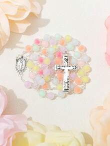 1pc Candy Texture Beaded Handmade Cross Necklace Rosary Baptism Gift, Virgin Mary Jesus Cross Pendant