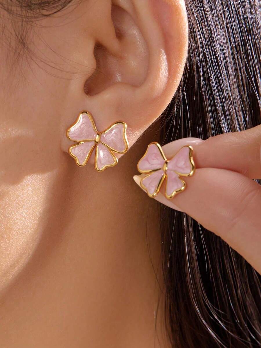 زوج من أقراط الفيونكة المينائية الراقية، مناسبة للفتيات، أقراط فيونكة لطيفة وجميلة باللون الوردي والأبيض والأسود، إكسسوارات مجوهرات للفتيات، هدية لها