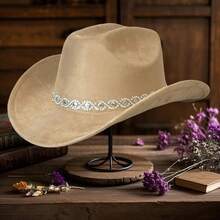 Rhinestone Cowboy Hat For Women, Summer Hats For Women Fashion Western Cowgirl Hats, Elegant Wide Brim Fedora Cap For Party & Daily - 卡其色 - 查看 6